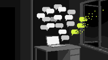 Pixel art: a dark bedroom at night where white speech bubbles float above a desk, and three lime bubbles break into pixels drifting out of the open window.