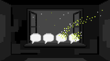 Pixel art: white speech bubbles on a windowsill at night crumble into a stream of white and lime pixels that flows out into the dark sky.